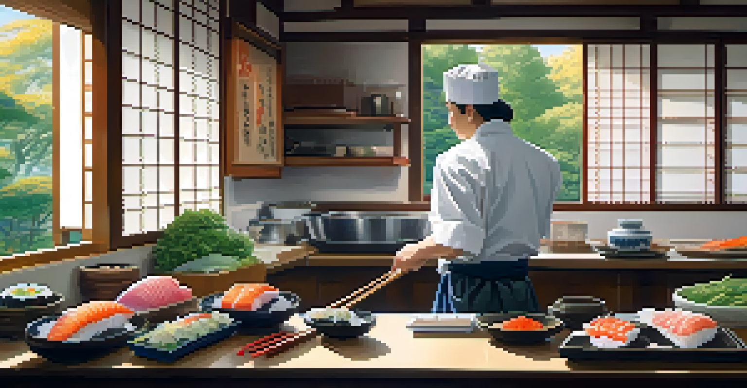 A Japanese kitchen with a chef preparing sushi, featuring fresh fish and vegetables, illuminated by soft natural light from a window.