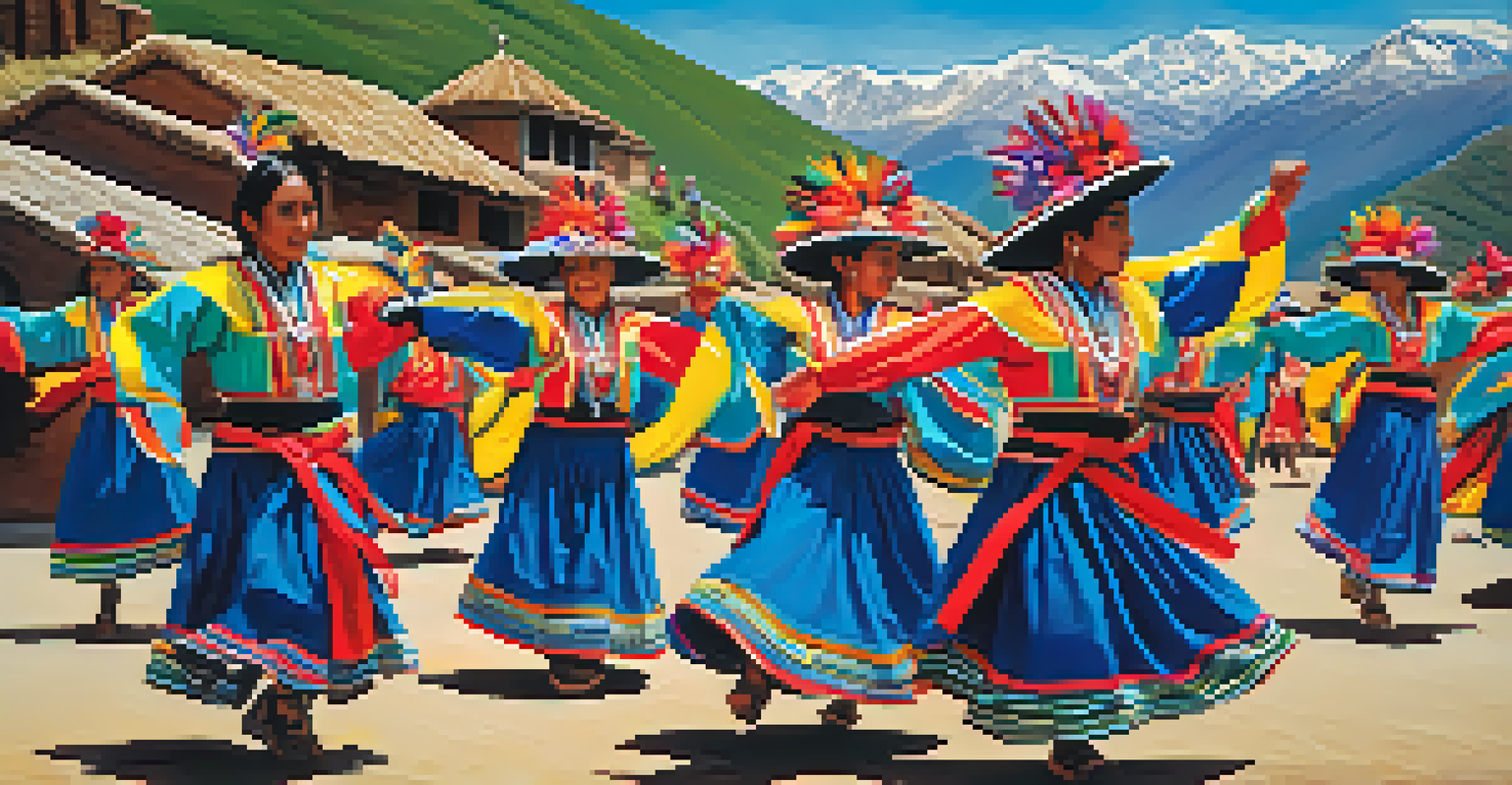 Traditional Andean dancers performing the 'huaylas' dance in vibrant costumes with a village and the Andes Mountains in the background.