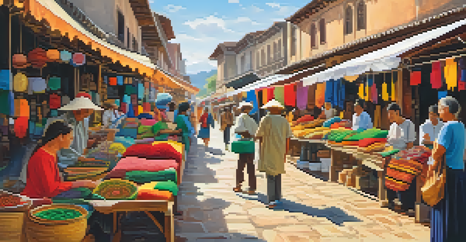 A vibrant market scene with tourists admiring sustainable handmade crafts, including textiles and ceramics, surrounded by local plants.