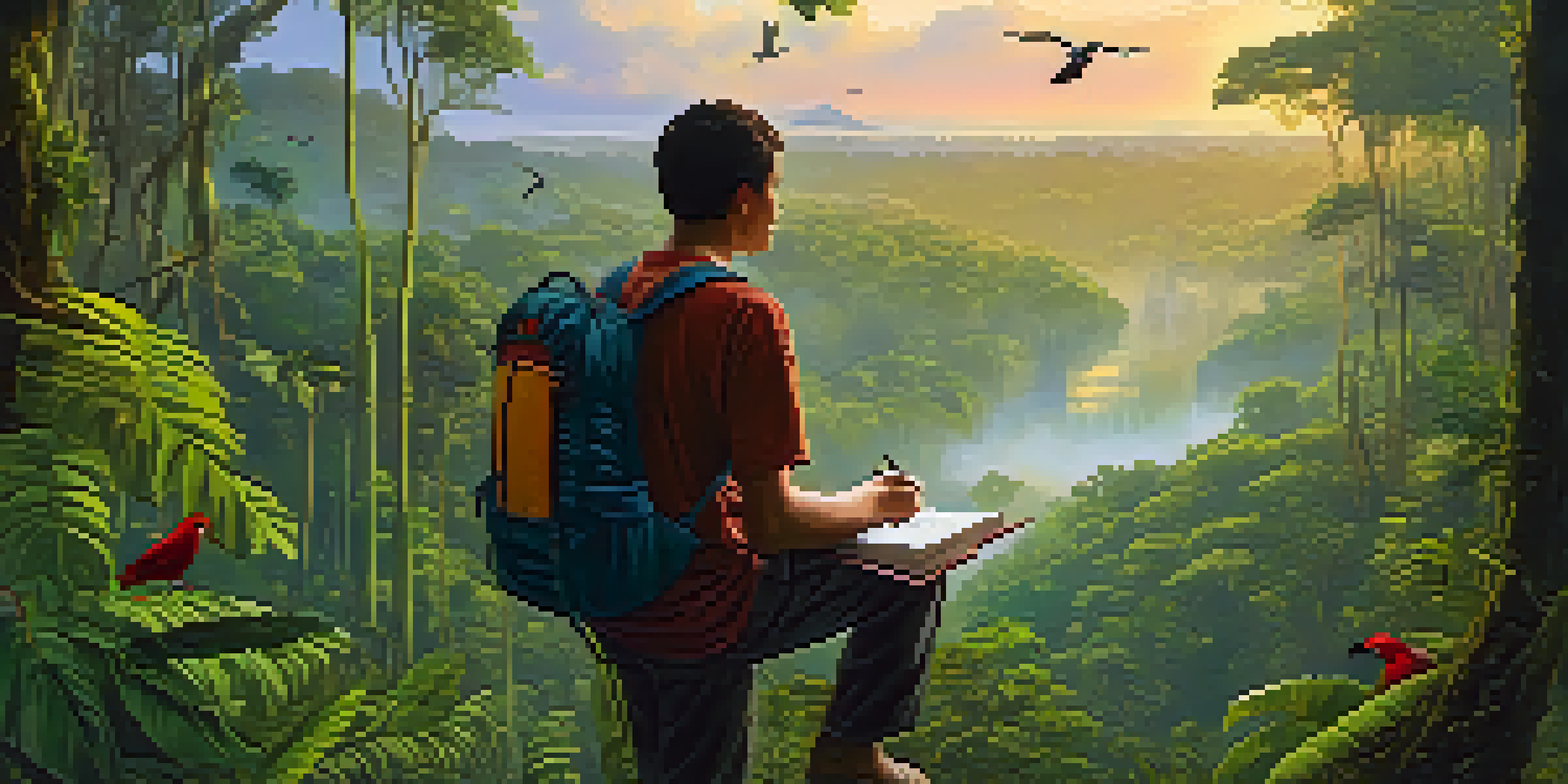 A volunteer observing the Amazon rainforest at dawn, surrounded by lush greenery and colorful birds.