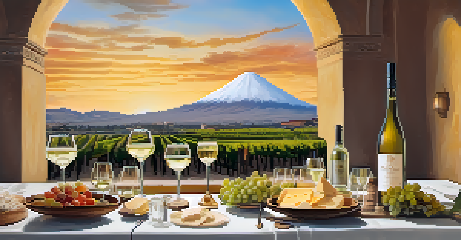 A cozy wine tasting scene in Arequipa, Peru, with white wines, cheese, and local dishes, against a backdrop of the White City and Misti volcano.