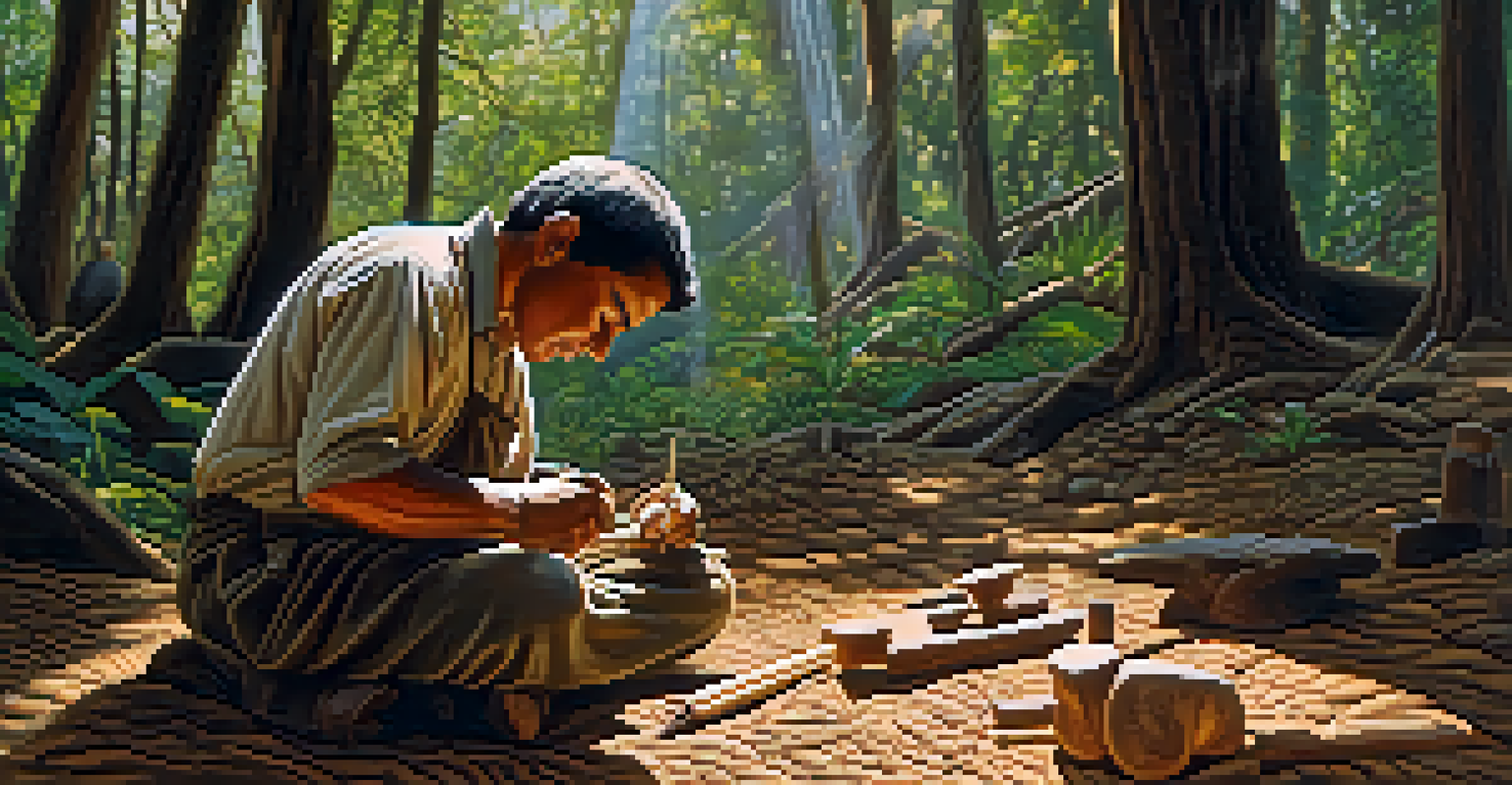 An artisan carving a wooden figure in a forest, surrounded by sunlight and trees.