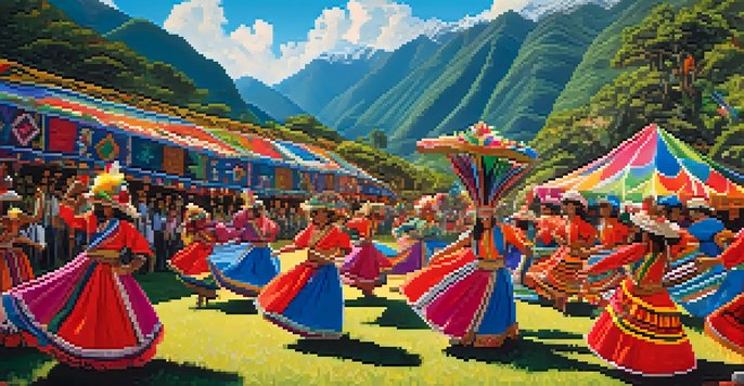 A lively Peruvian festival with dancers in colorful costumes, mountains in the background, and detailed textiles in the foreground.