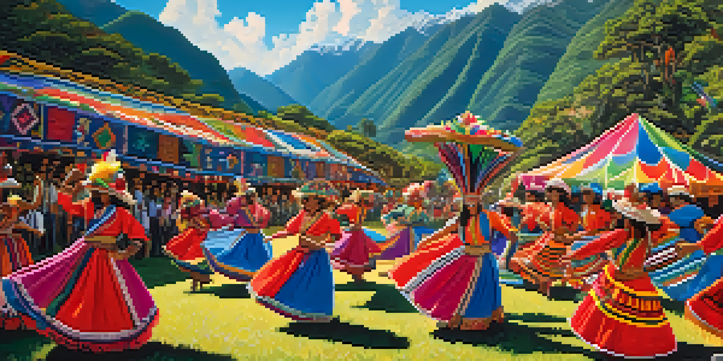 A lively Peruvian festival with dancers in colorful costumes, mountains in the background, and detailed textiles in the foreground.