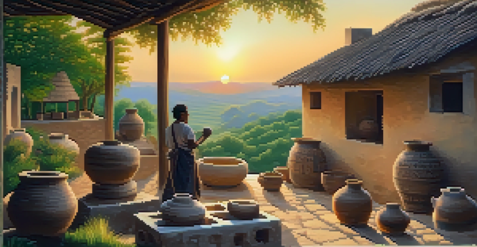 A sunset view of a traditional village with a local artisan making pottery in the foreground.