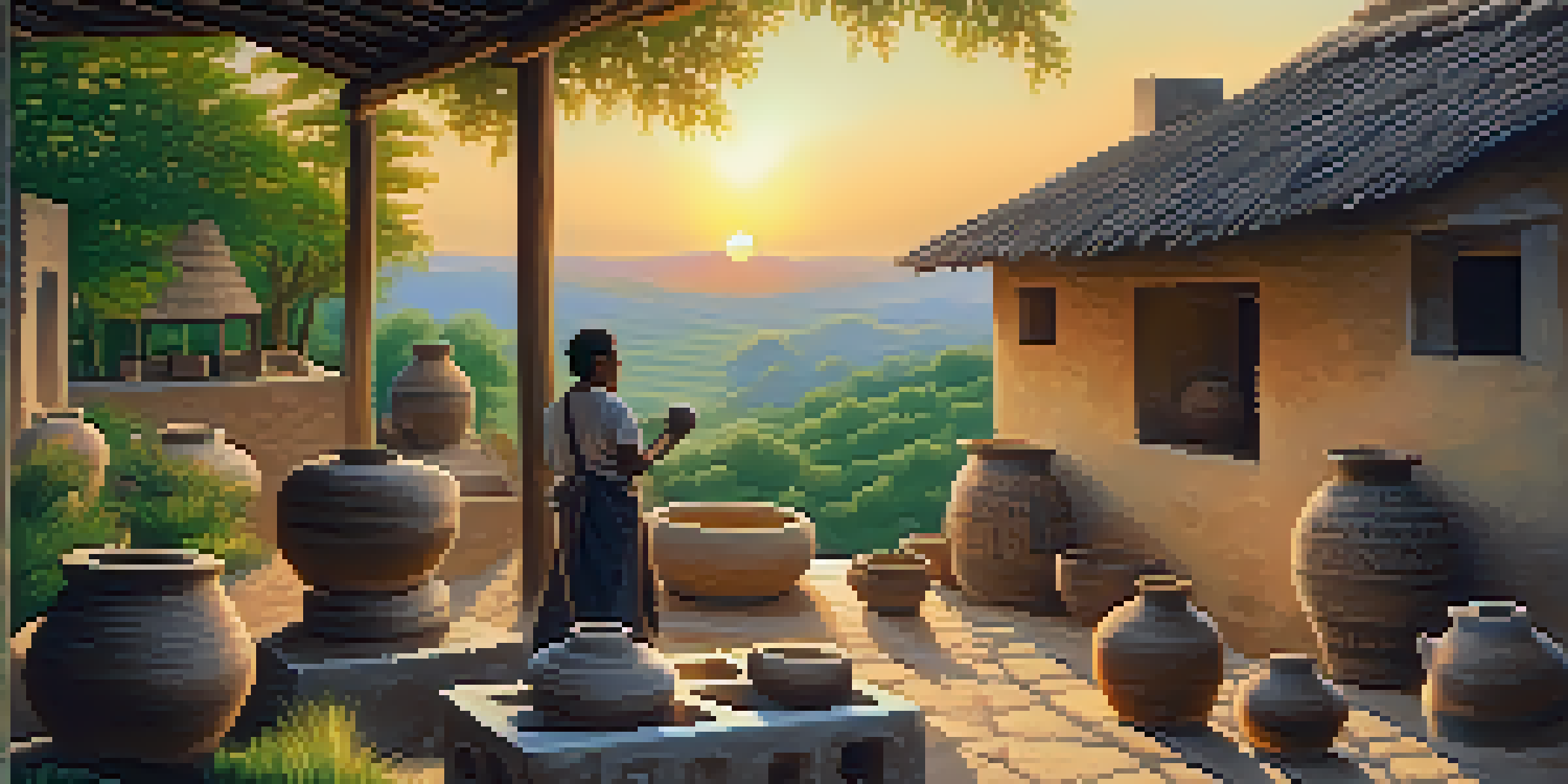 A sunset view of a traditional village with a local artisan making pottery in the foreground.