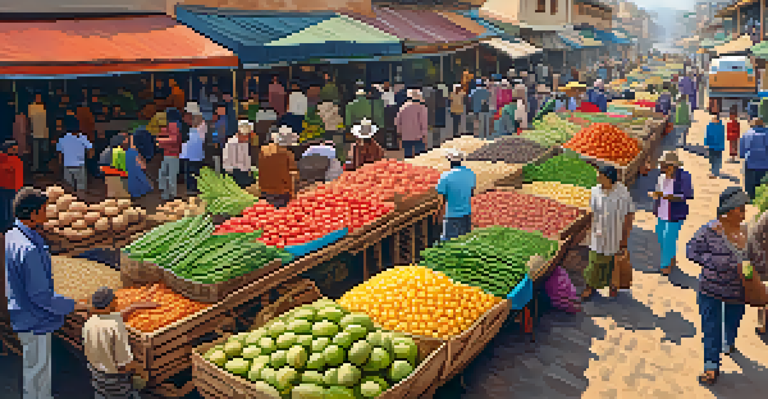 A vibrant Peruvian market scene with stalls filled with colorful vegetables, including potatoes, corn, and quinoa, with vendors and customers engaging in a sunny environment.