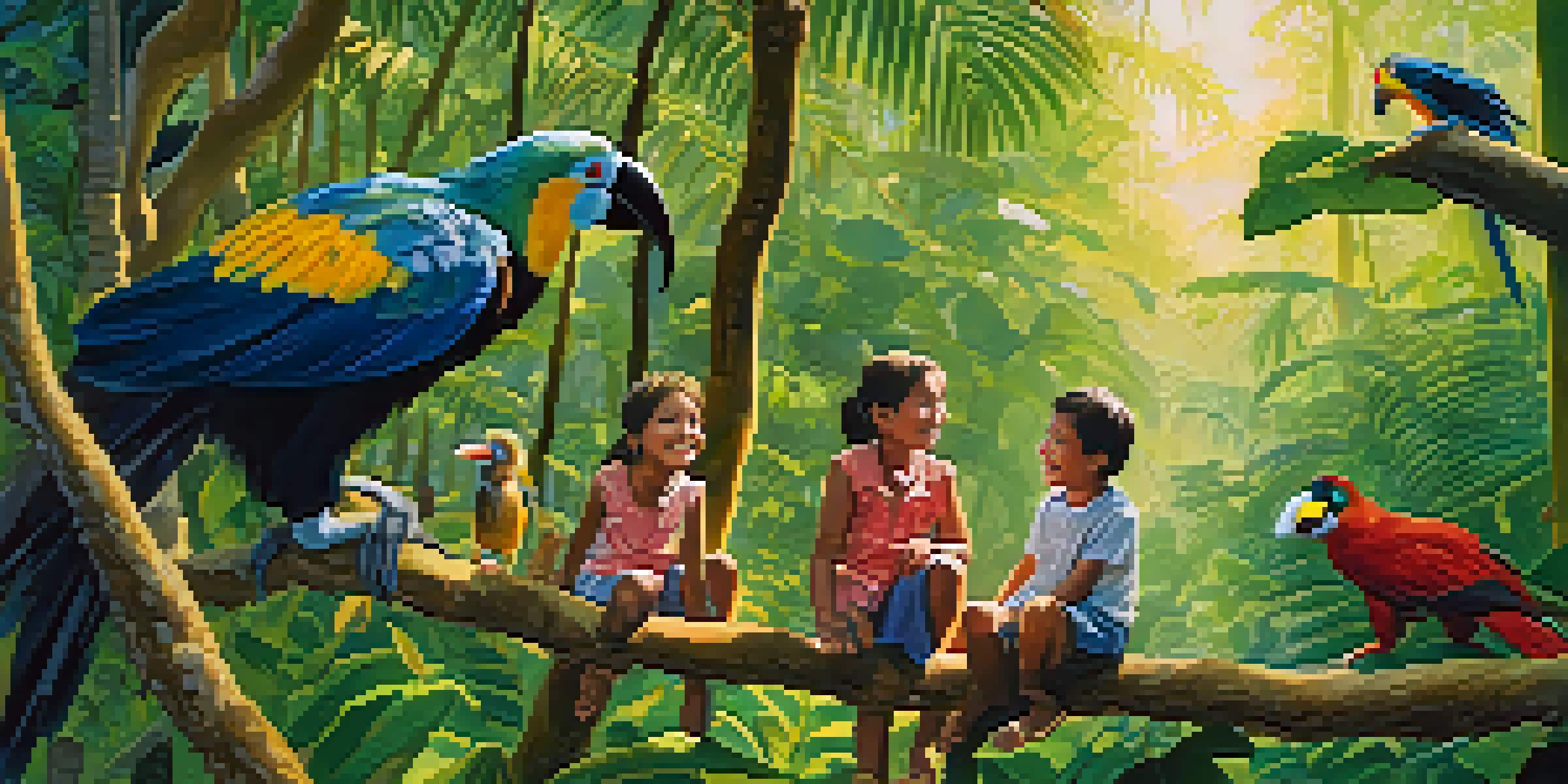 A family of four exploring the Amazon Rainforest, with tropical birds and monkeys around them, illuminated by sunlight filtering through the trees.