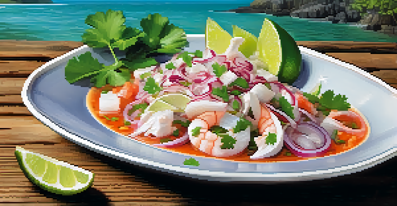 A plate of fresh Peruvian ceviche garnished with lime, cilantro, and red onion, showcasing vibrant colors.