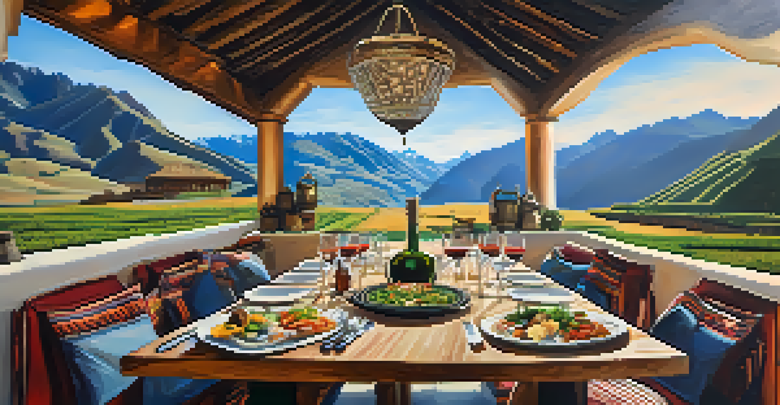An outdoor dining setup with gourmet Peruvian dishes and mountain views, showcasing a luxurious culinary experience.