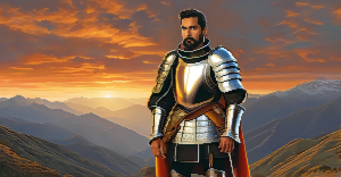 A portrait of Francisco Pizarro in 16th-century armor on the Andes mountains at sunset.