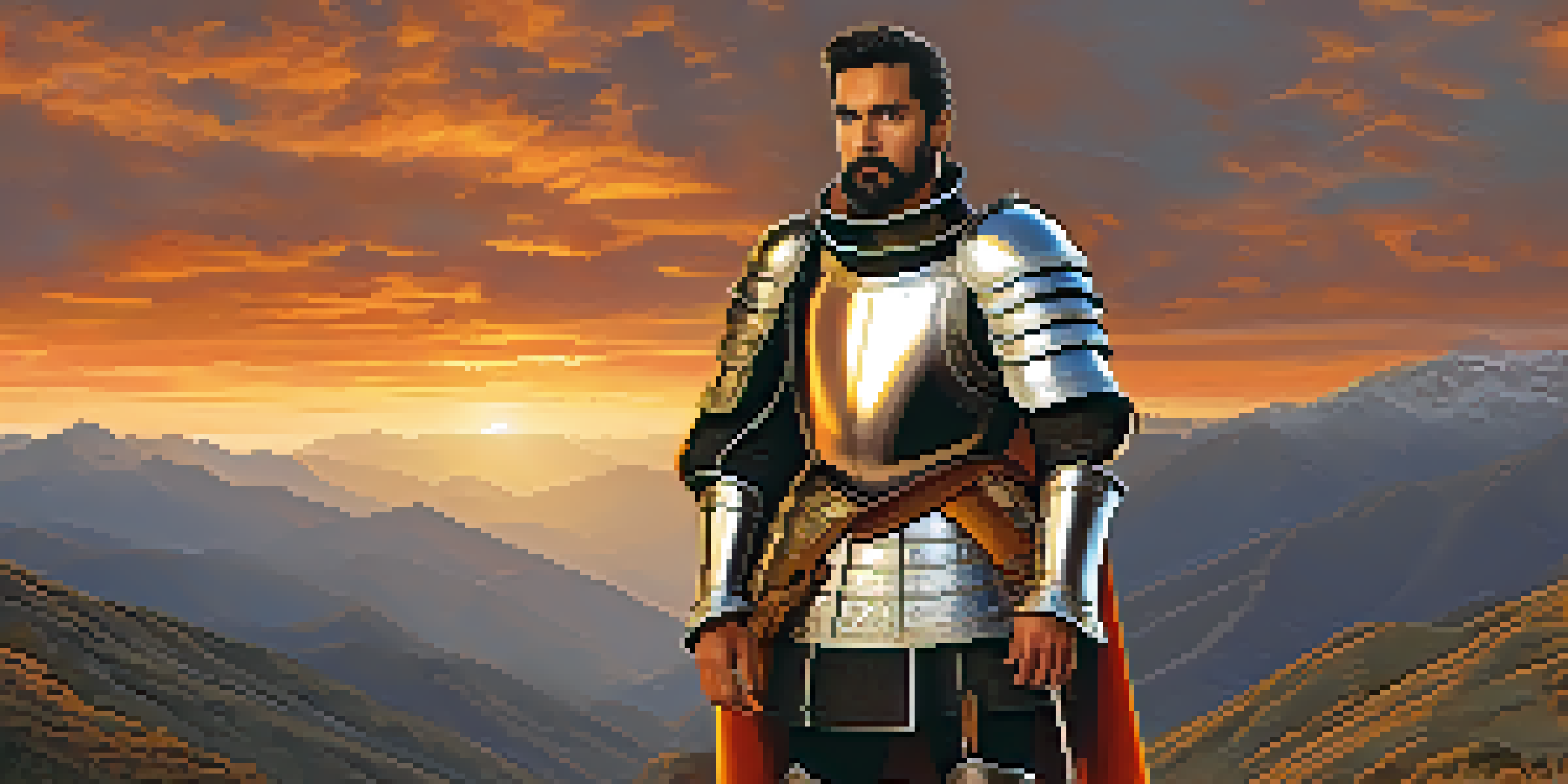 A portrait of Francisco Pizarro in 16th-century armor on the Andes mountains at sunset.