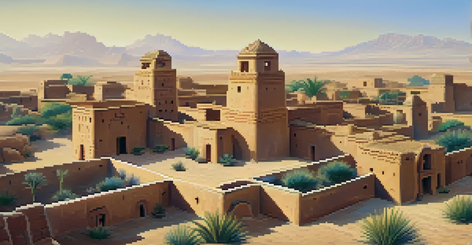 A wide view of the ancient adobe city of Chan Chan with detailed walls and citadels under a blue sky, highlighting the textures of the adobe structures and the surrounding arid landscape.