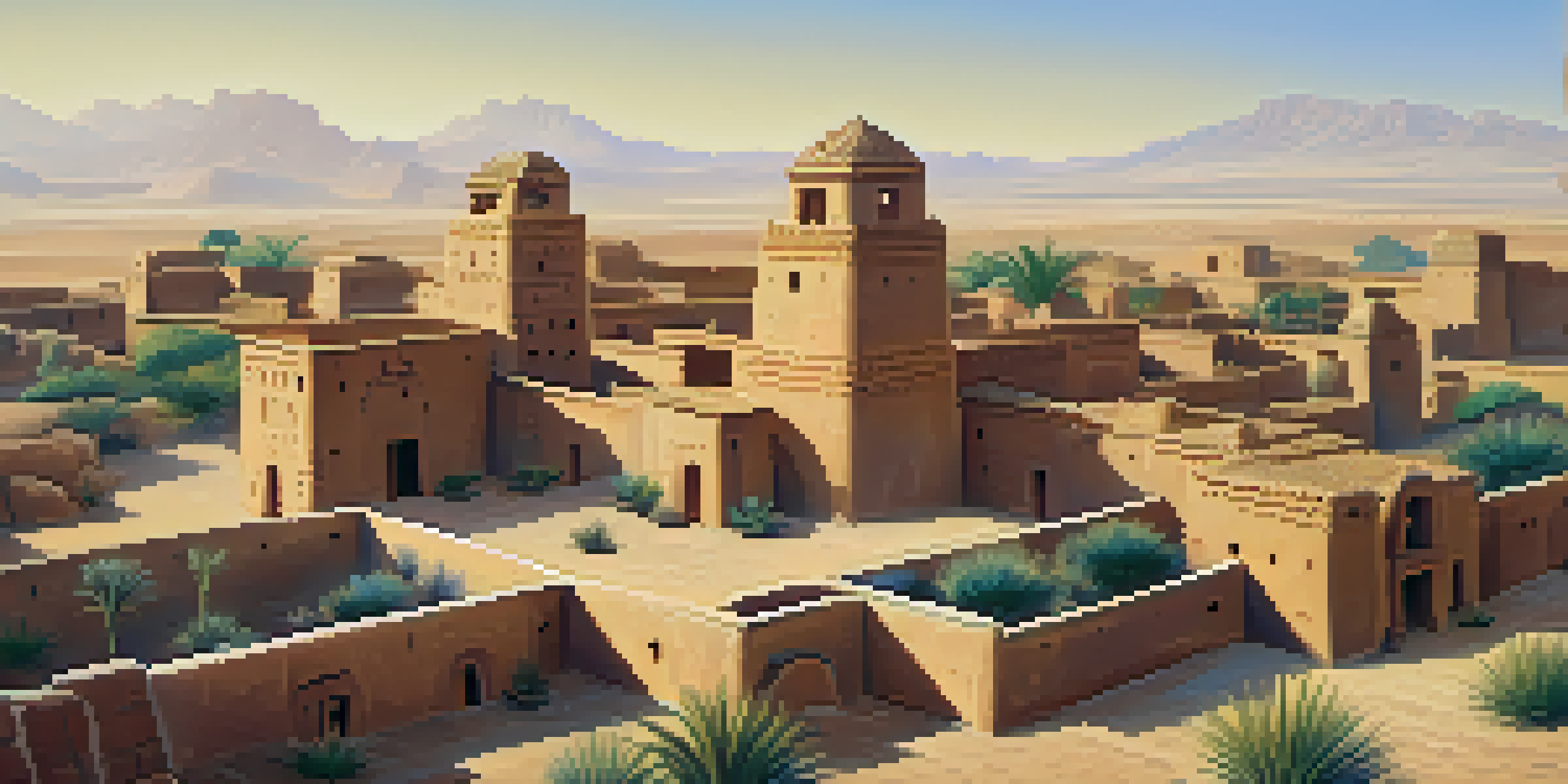 A wide view of the ancient adobe city of Chan Chan with detailed walls and citadels under a blue sky, highlighting the textures of the adobe structures and the surrounding arid landscape.