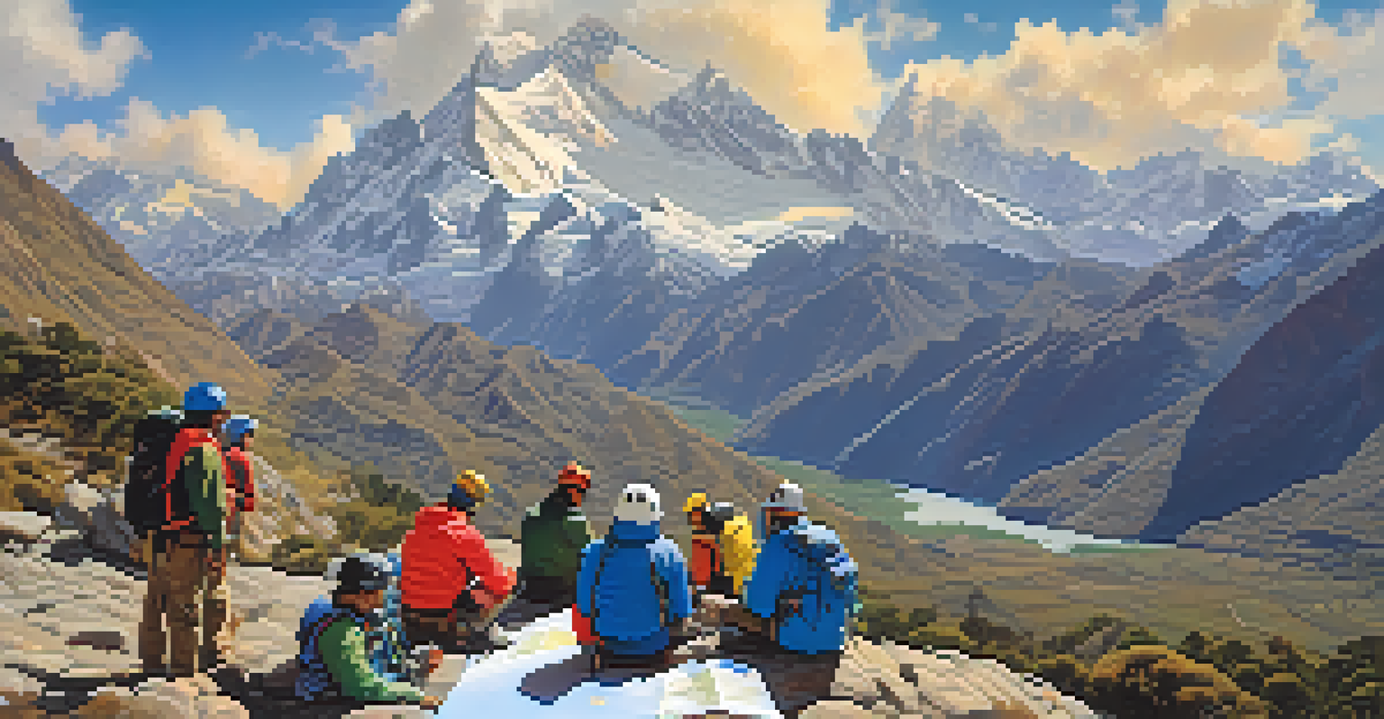 A group of climbers with a local guide, looking at a climbing map against the backdrop of snow-capped mountains in Huascarán National Park.