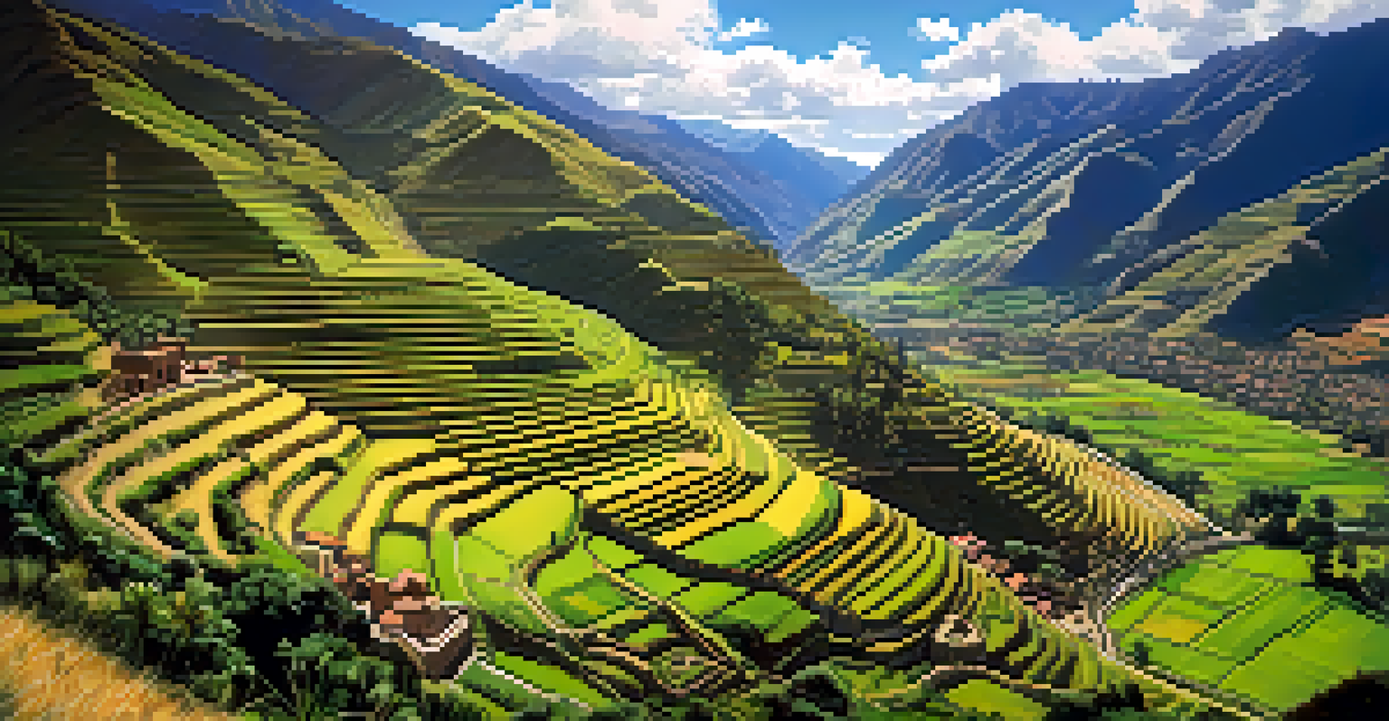 A panoramic view of the Sacred Valley in Peru with the Pisac ruins and surrounding lush landscapes.
