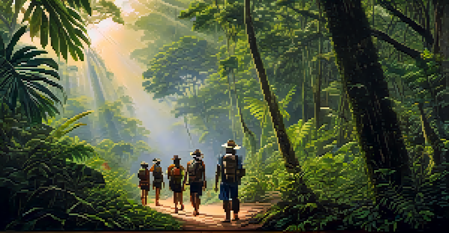 A guide and travelers walking through a lush jungle, surrounded by vibrant green plants and birds in the sky.