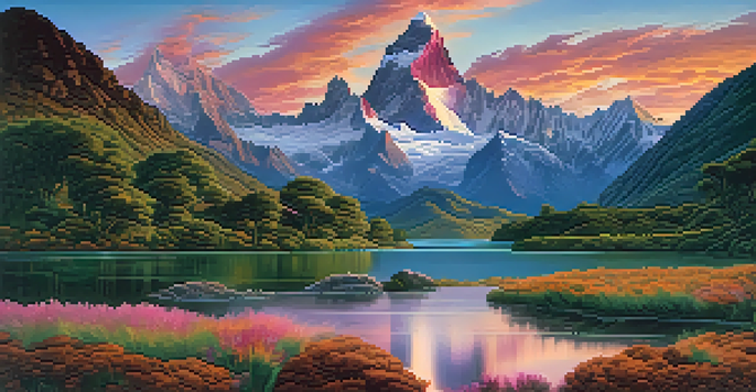 A scenic sunrise view of the Cordillera Blanca mountains with Huascarán peak, lush valleys, and glacial lakes.
