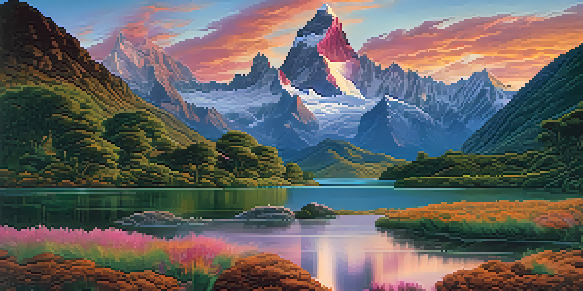 A scenic sunrise view of the Cordillera Blanca mountains with Huascarán peak, lush valleys, and glacial lakes.