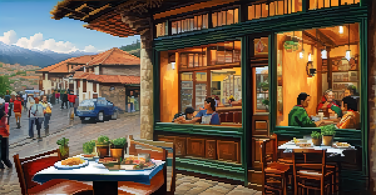 A charming café in Cusco with traditional Peruvian food on the table, warm lighting, and a view of the street outside.