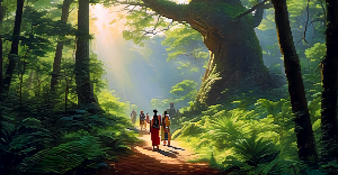 An Indigenous guide leads tourists through a vibrant green forest, highlighting cultural exchange in nature.
