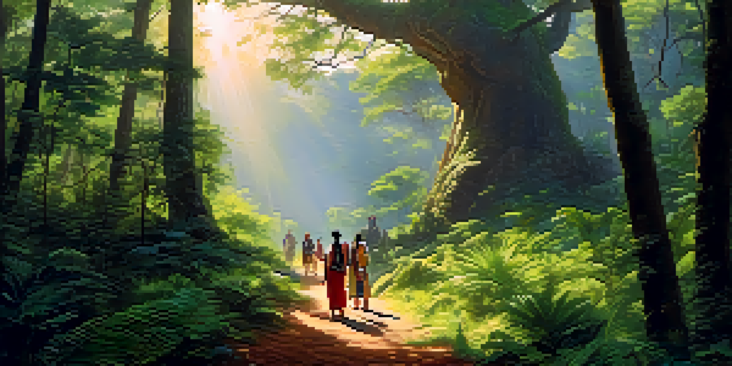 An Indigenous guide leads tourists through a vibrant green forest, highlighting cultural exchange in nature.