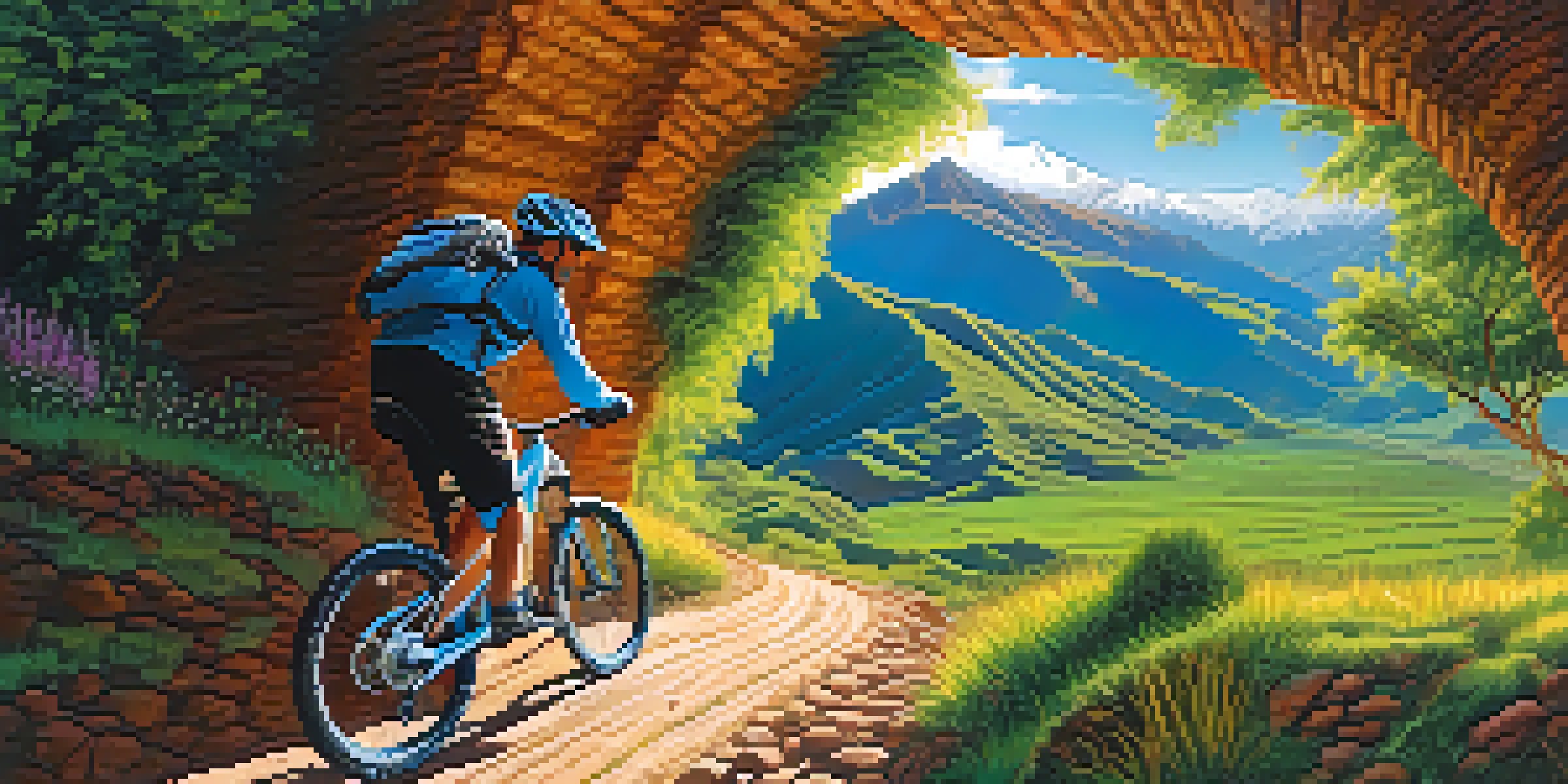 A mountain biker on a trail in the Sacred Valley, with lush greenery and ancient ruins in the background.