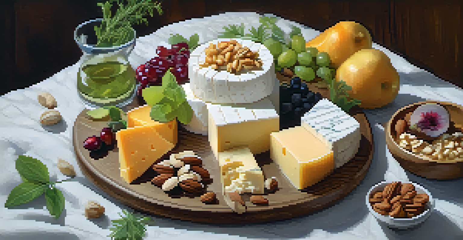 A cheese platter showcasing various Peruvian cheeses, garnished with herbs and fruits, accompanied by a glass of pisco sour, all in a warm candlelit setting.