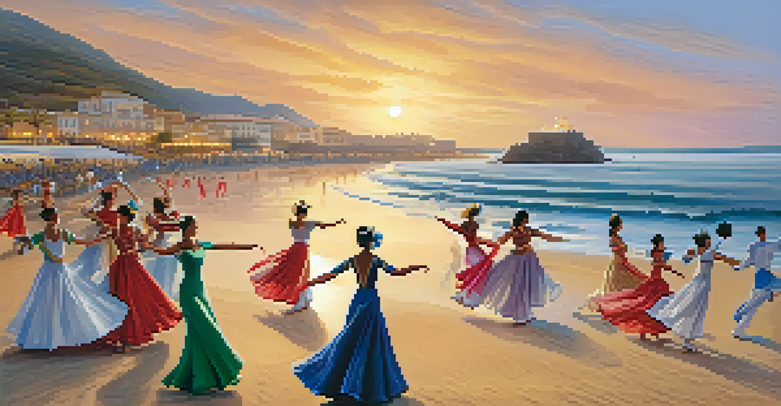Dancers performing the marinera dance on a beach at sunset, showcasing traditional attire with golden sunlight reflecting on the ocean waves.