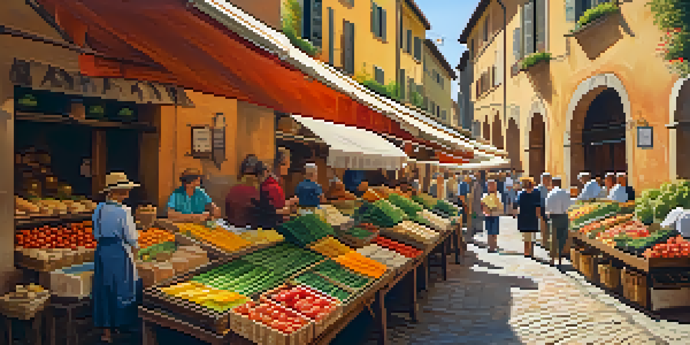 A bustling local market in Tuscany with colorful stalls of fresh produce and handmade goods under warm sunlight.