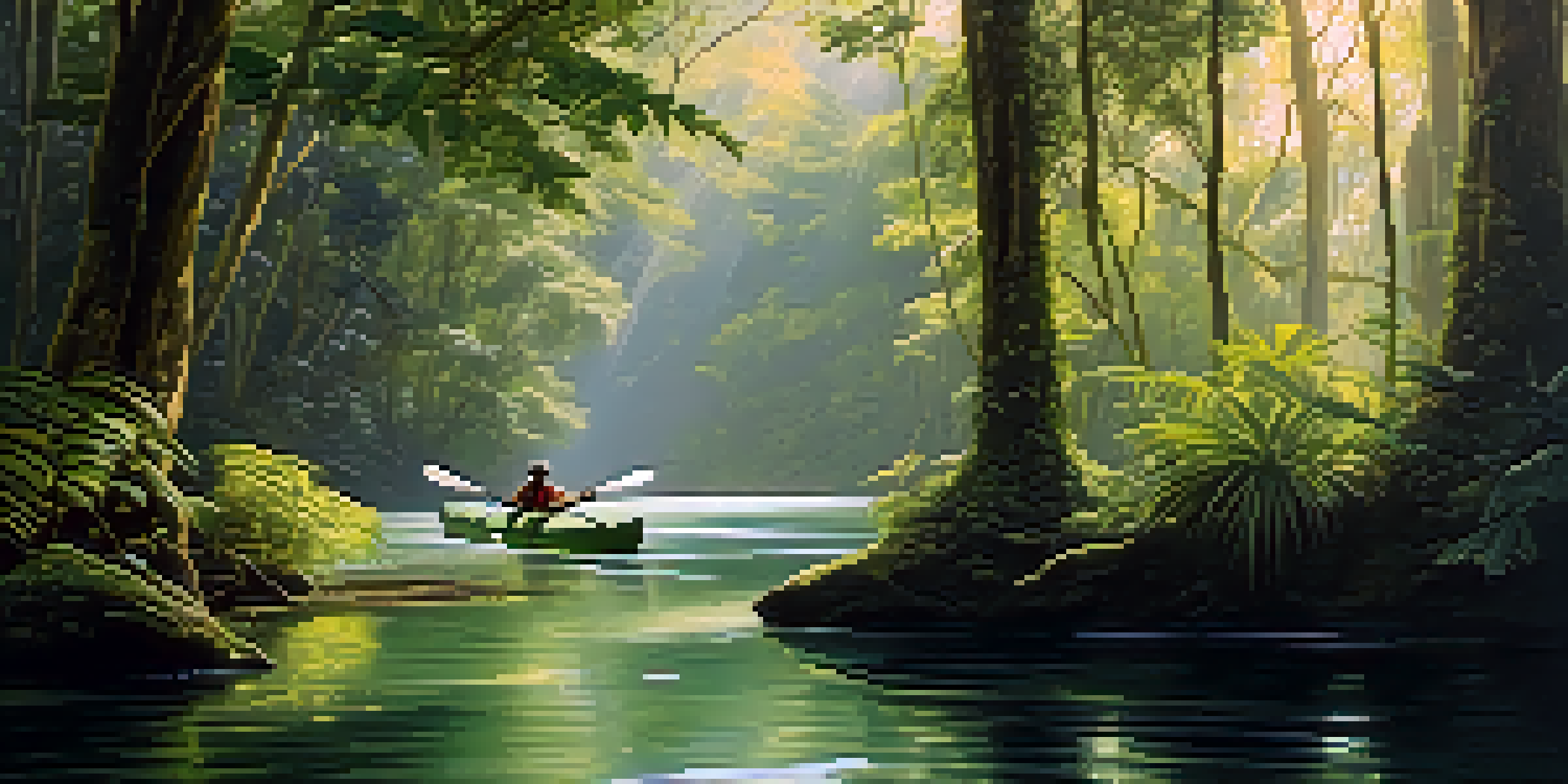 A kayaker paddling through the calm waters of the Amazon rainforest, surrounded by lush greenery and sunlight filtering through the trees.