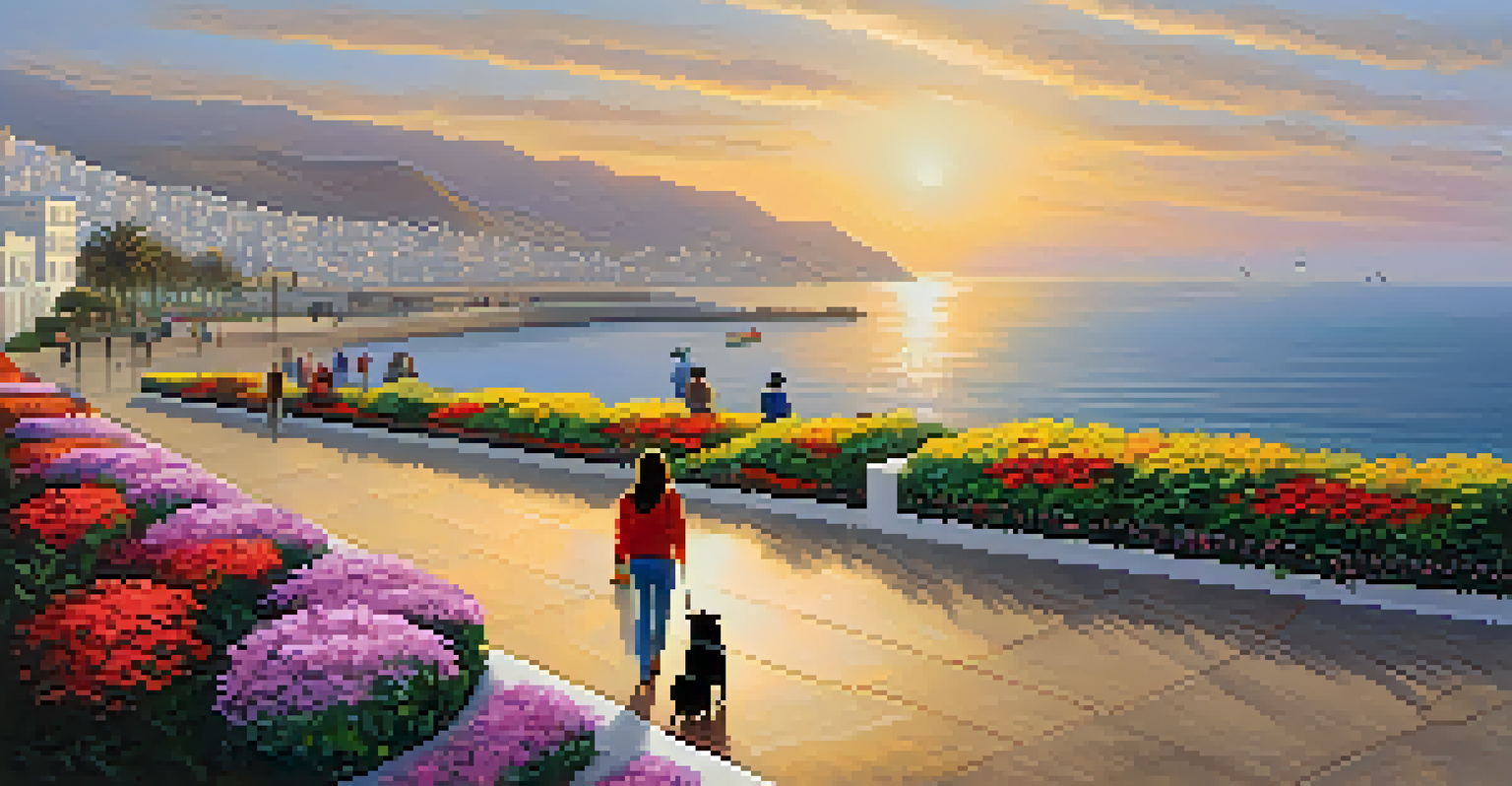 A couple walking a dog along the scenic ocean walkway of Malecón de Miraflores during sunset.