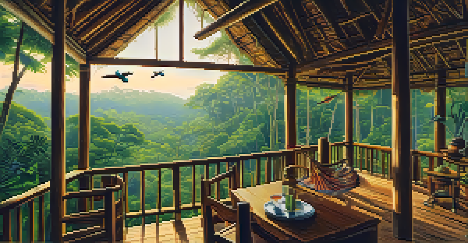 A high treehouse lodge in the Amazon rainforest with guests birdwatching amid vibrant foliage.