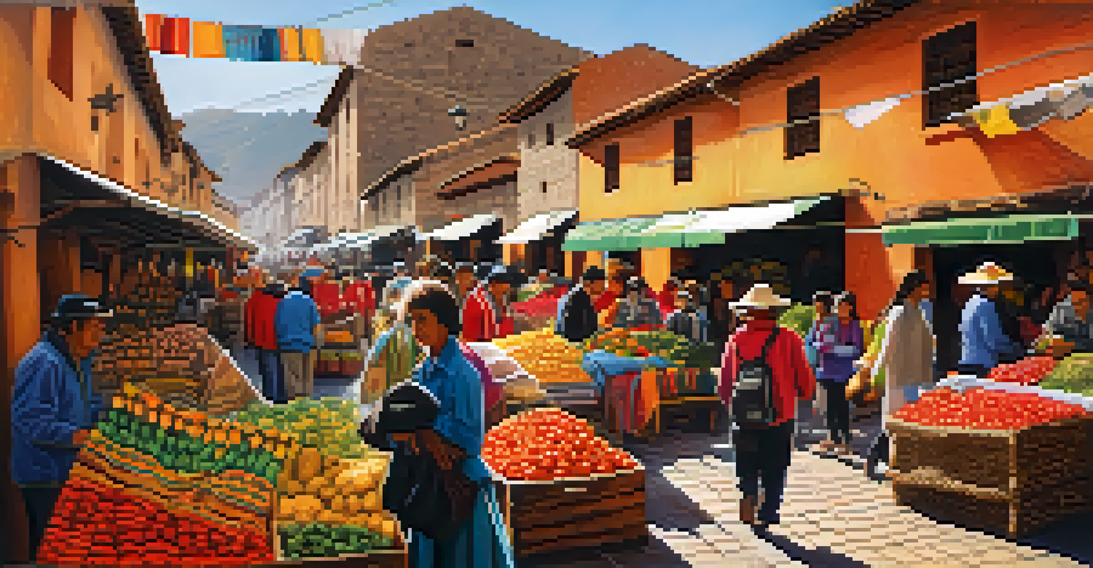 A lively street market in Cusco with colorful textiles and local vendors.