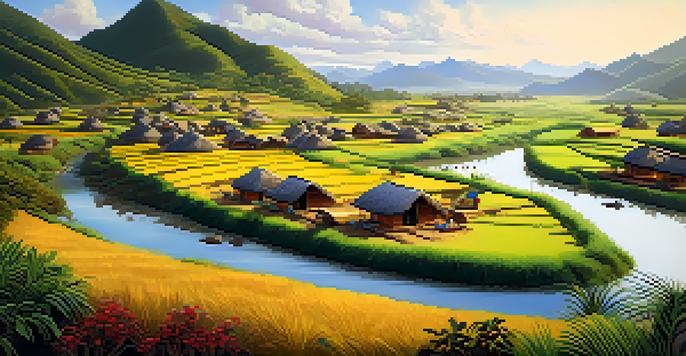 An Indigenous community in Peru surrounded by nature, engaging in sustainable practices with traditional houses and wildlife.