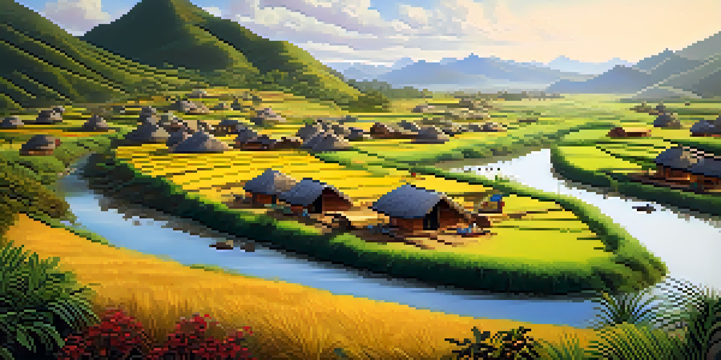 An Indigenous community in Peru surrounded by nature, engaging in sustainable practices with traditional houses and wildlife.