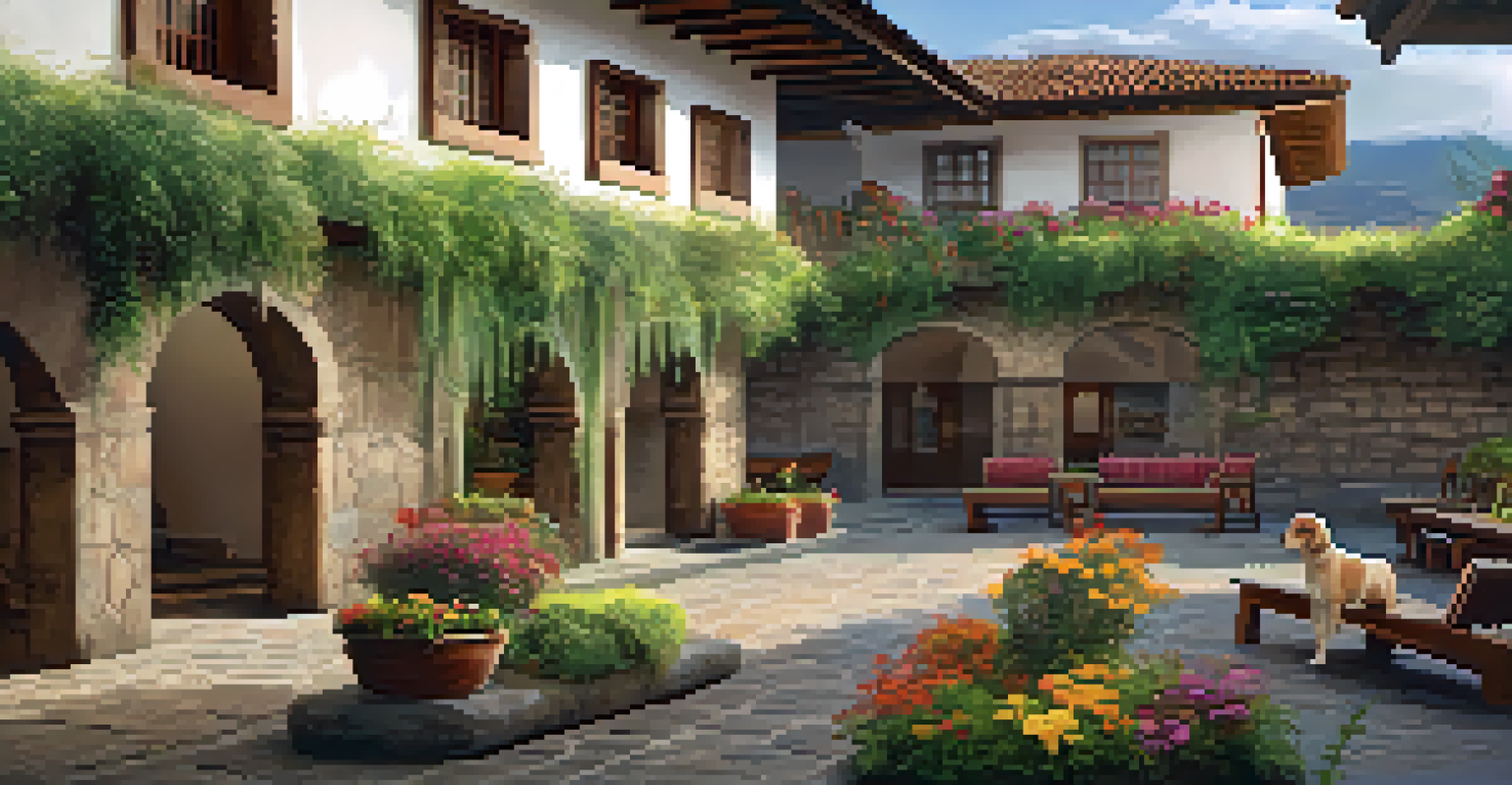 A beautiful hotel courtyard in Cusco with a dog playing in the grass, surrounded by flowers and traditional architecture.