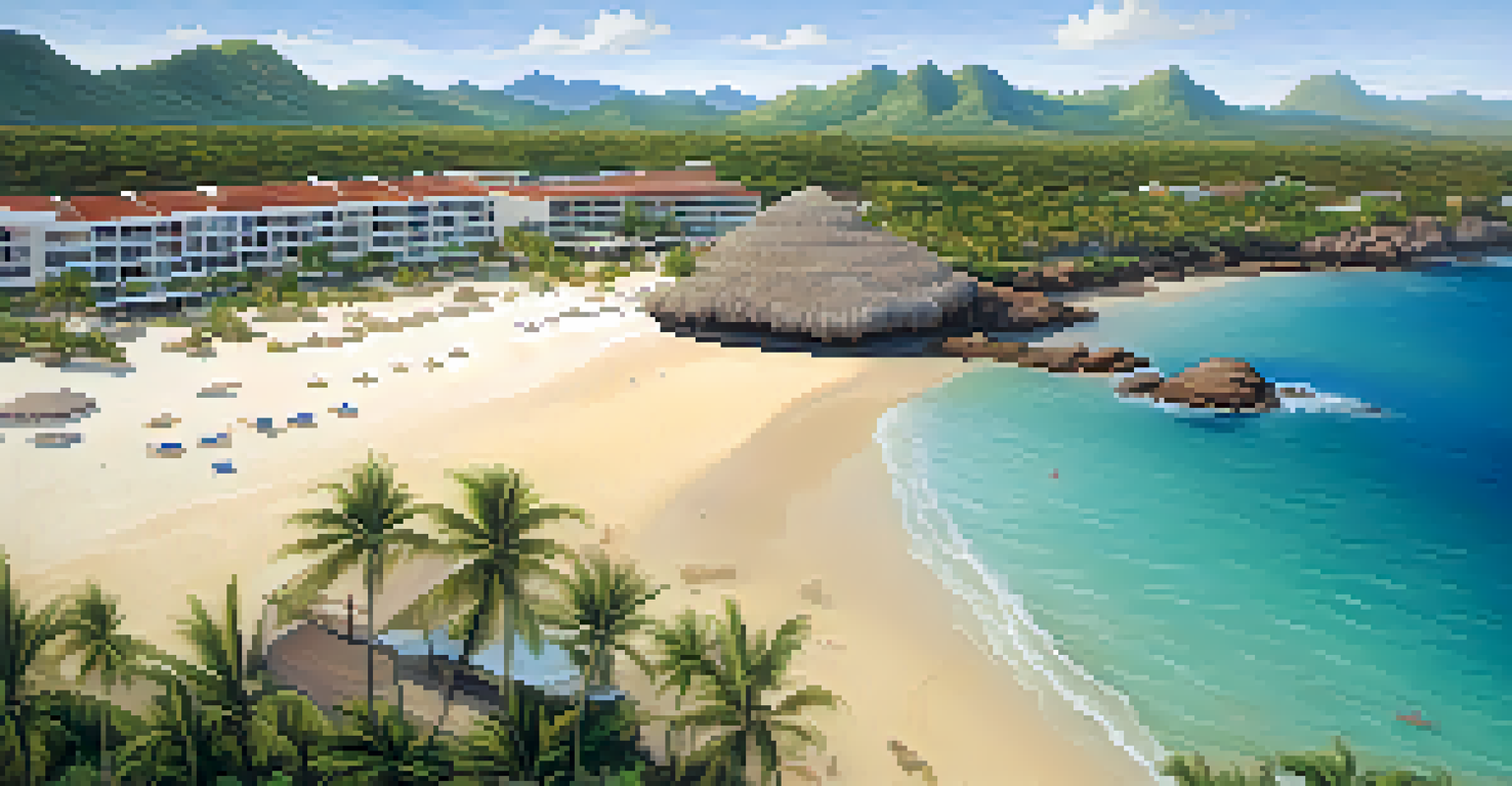 An aerial view of Playa Las Pocitas with shallow waters and beachfront accommodations, depicting a serene beach scene.