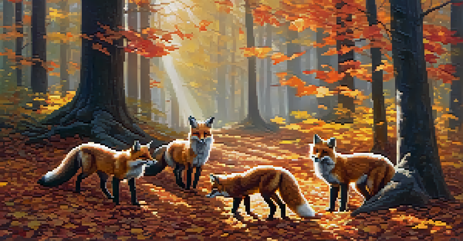 A lively autumn scene featuring a family of foxes playing among colorful leaves in a forest.