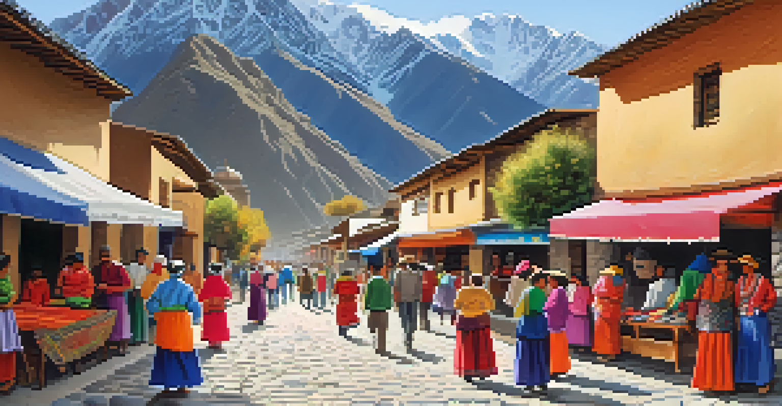 A vibrant street scene in Ollantaytambo with artisans at work and colorful crafts on display, set against mountain backdrops.