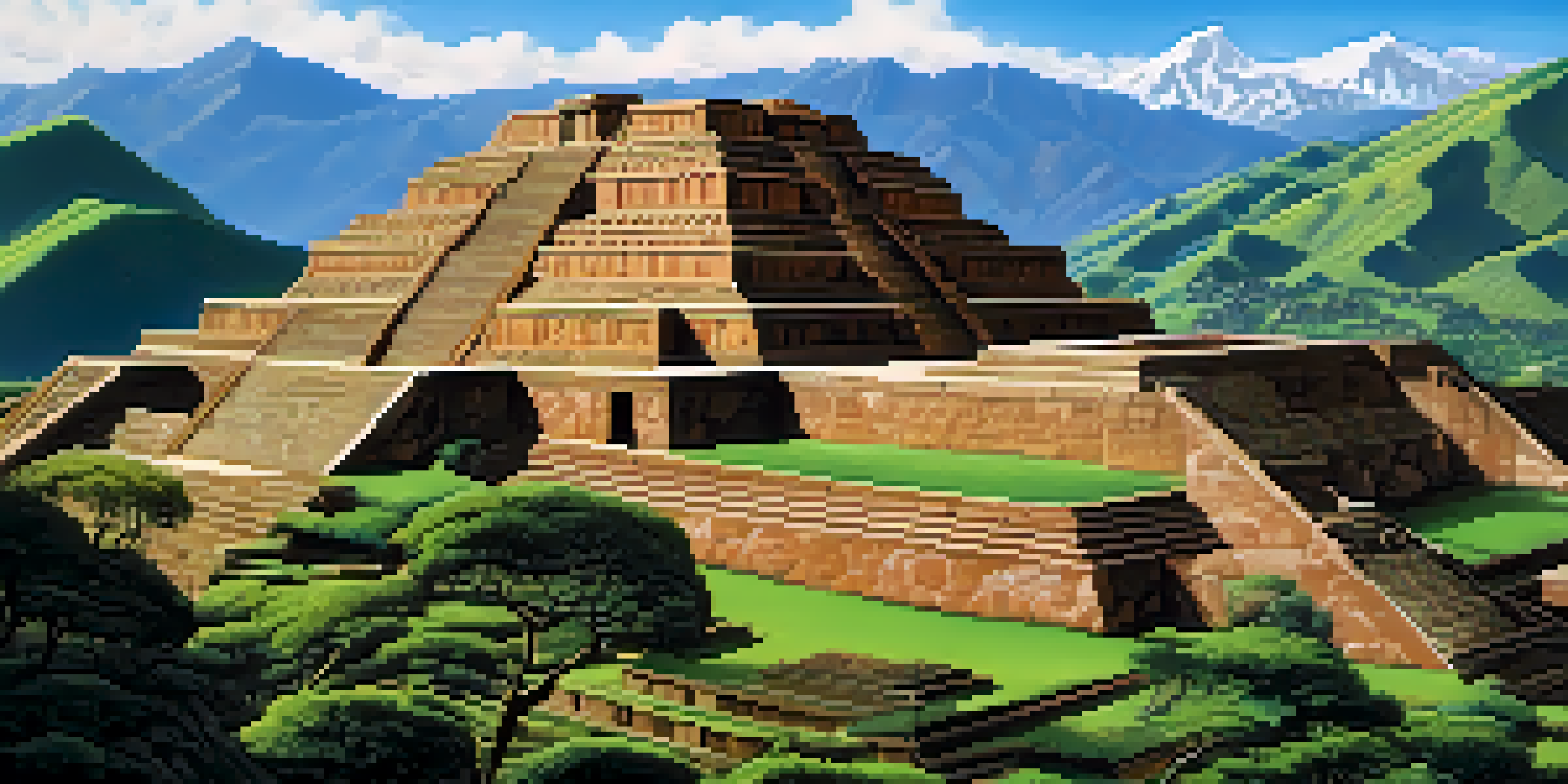 A scenic view of the ancient Chavín de Huantar site, with stone temples and the Andes mountains in the background under sunlight.
