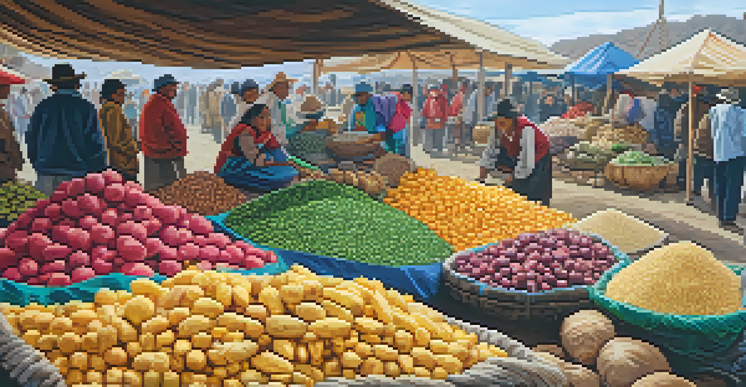A lively market in Peru with indigenous farmers selling colorful native crops and traditional textiles.