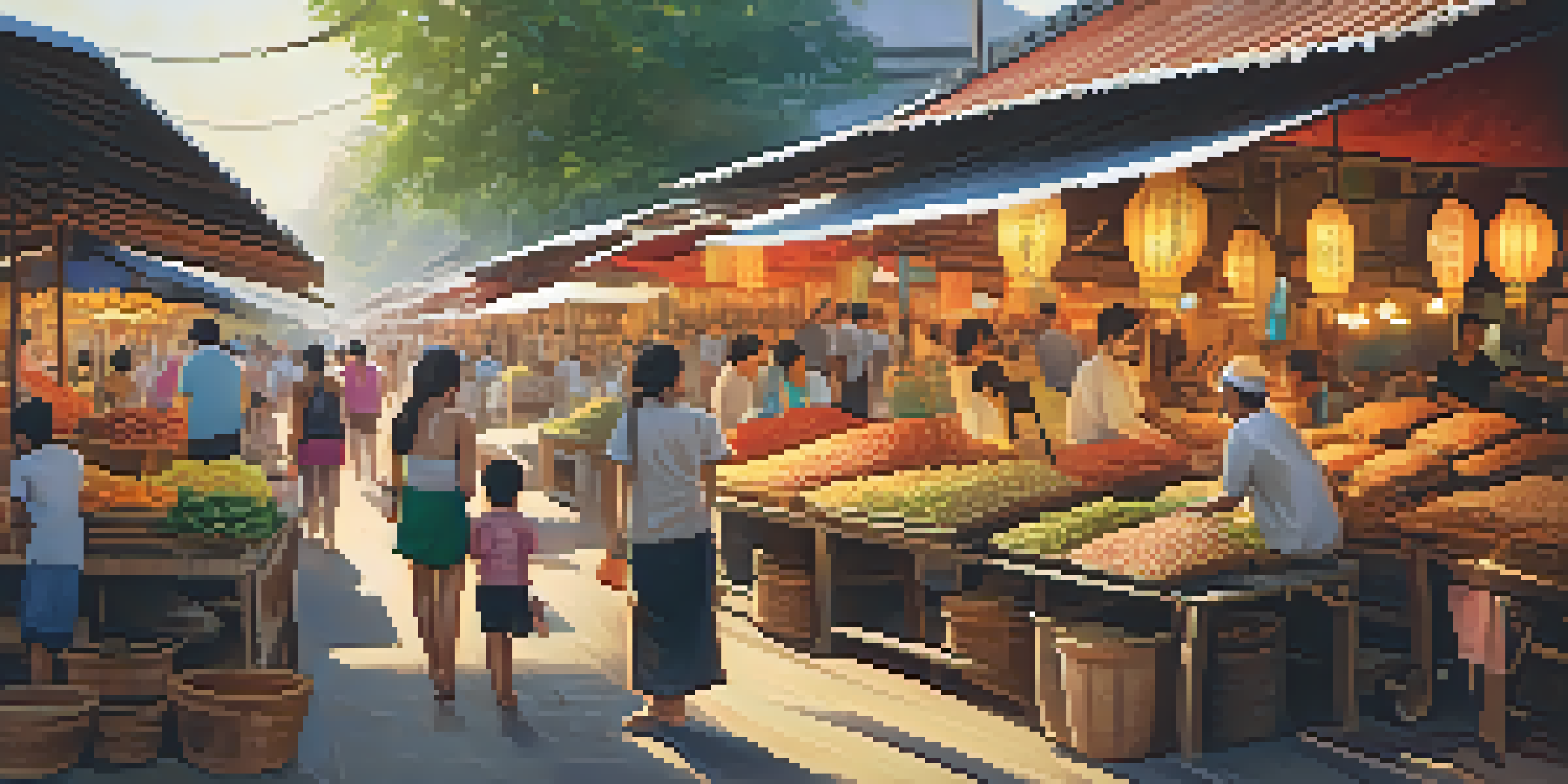 A lively market in Thailand with colorful food stalls and happy vendors engaging with travelers.