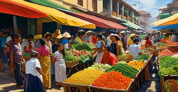 A busy Peruvian market filled with colorful stalls of fresh produce and local vendors interacting with shoppers in bright sunlight.
