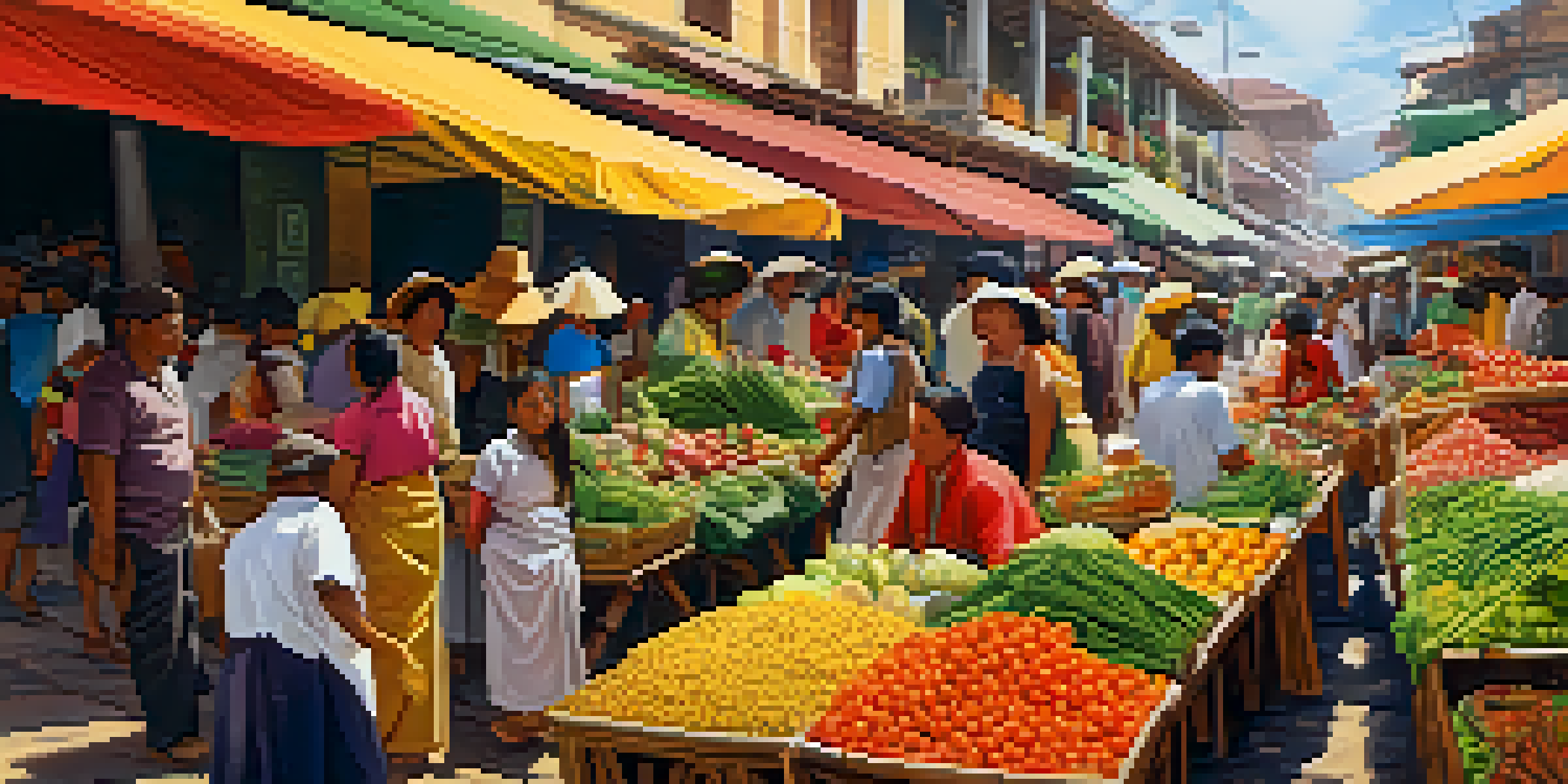 A busy Peruvian market filled with colorful stalls of fresh produce and local vendors interacting with shoppers in bright sunlight.