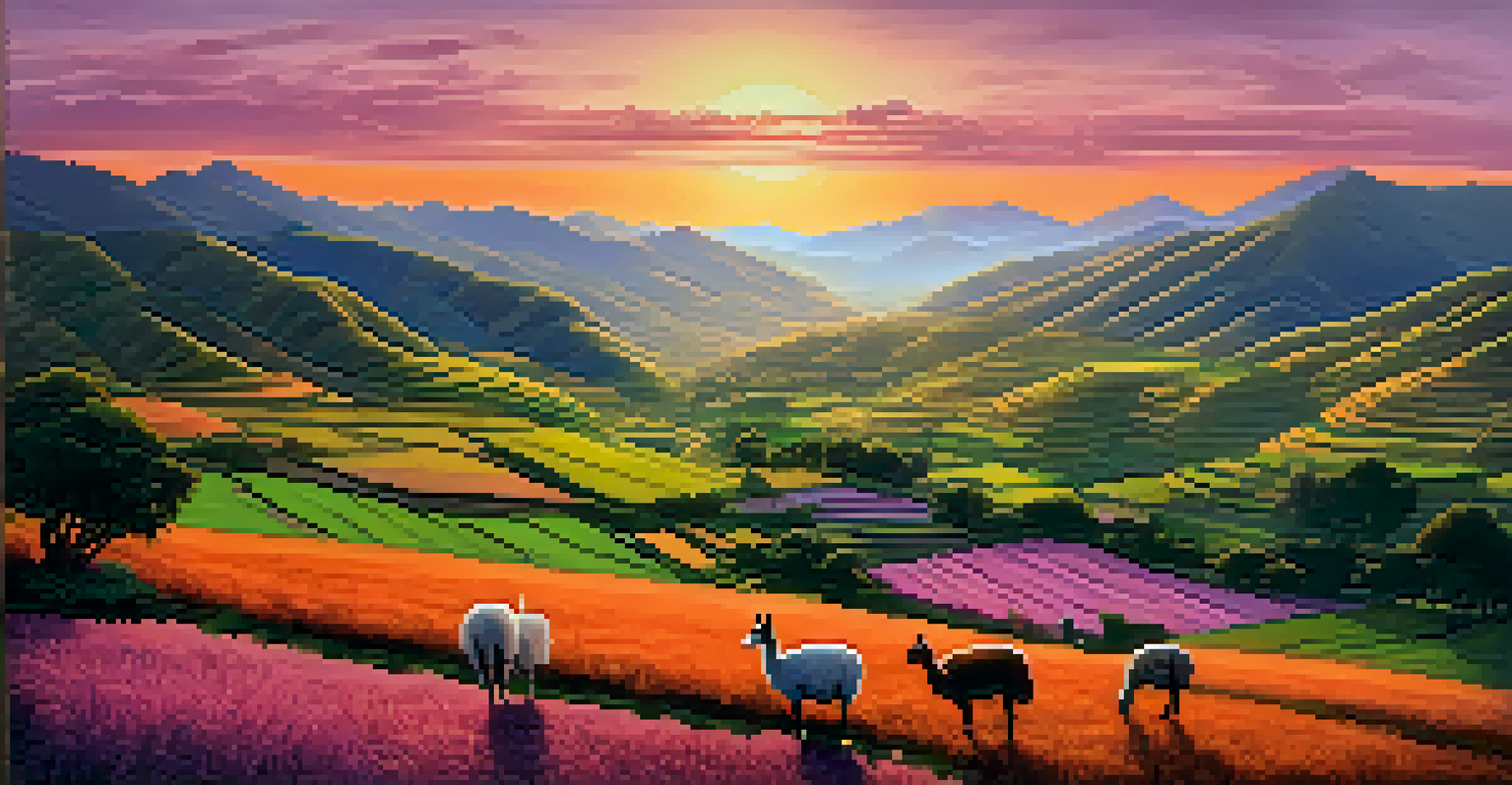A peaceful Peruvian landscape at sunset with terraced farmland and grazing llamas, featuring a colorful sky.