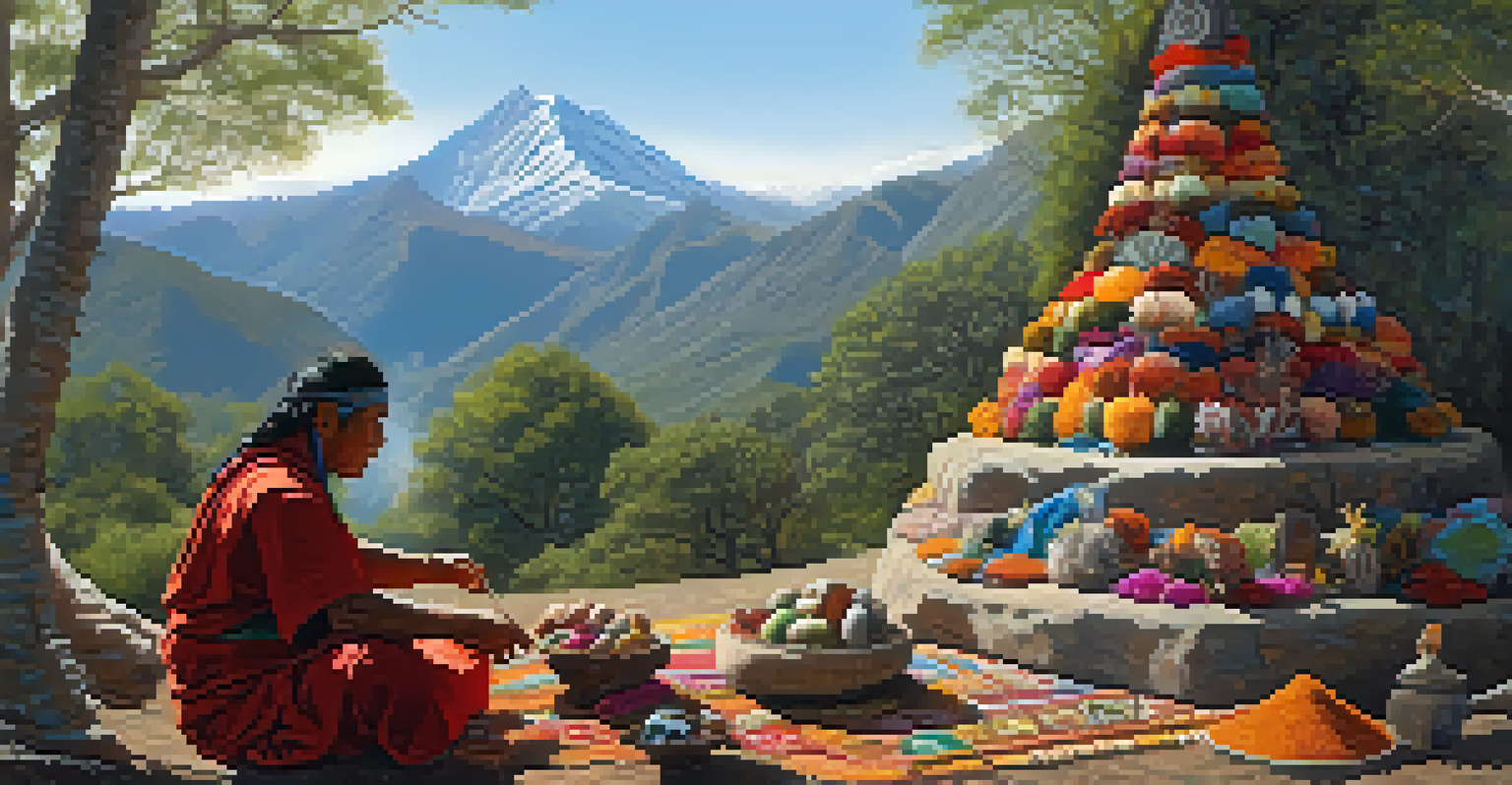 A local shaman performing a ritual with colorful offerings at the foot of a mountain.