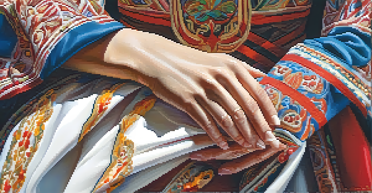 Close-up of a Marinera dancer's hands holding a colorful handkerchief, highlighting the elegance of the dance and the intricate details of the costume.