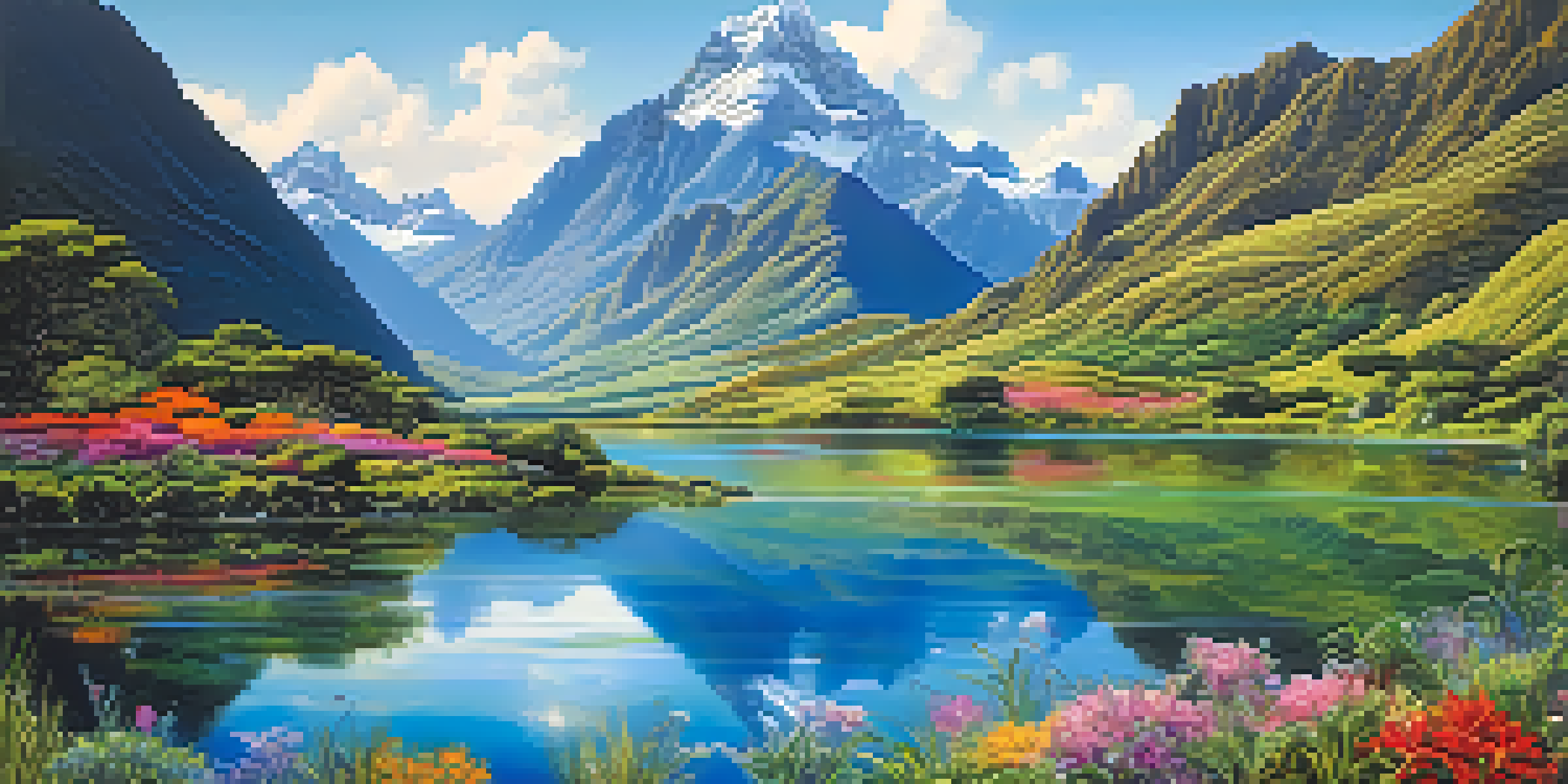 A breathtaking view of a clear lagoon surrounded by mountains and greenery in Peru, with vivid colors and soft sunlight.