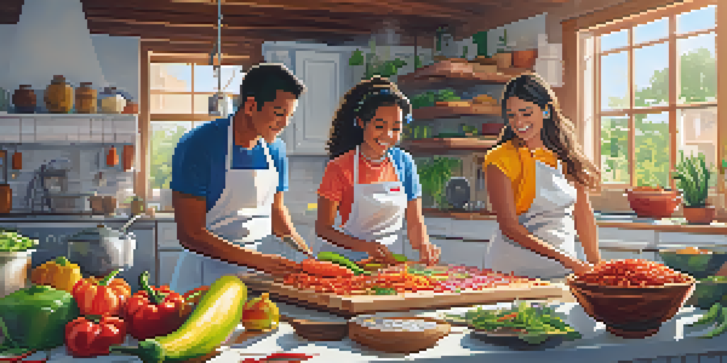 A diverse group of students in a Peruvian cooking class, cooking ceviche and lomo saltado with fresh ingredients in a bright kitchen.